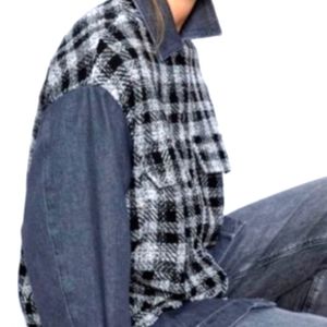 Zara Plaid Tweed Denim Jacket Women's Size Medium